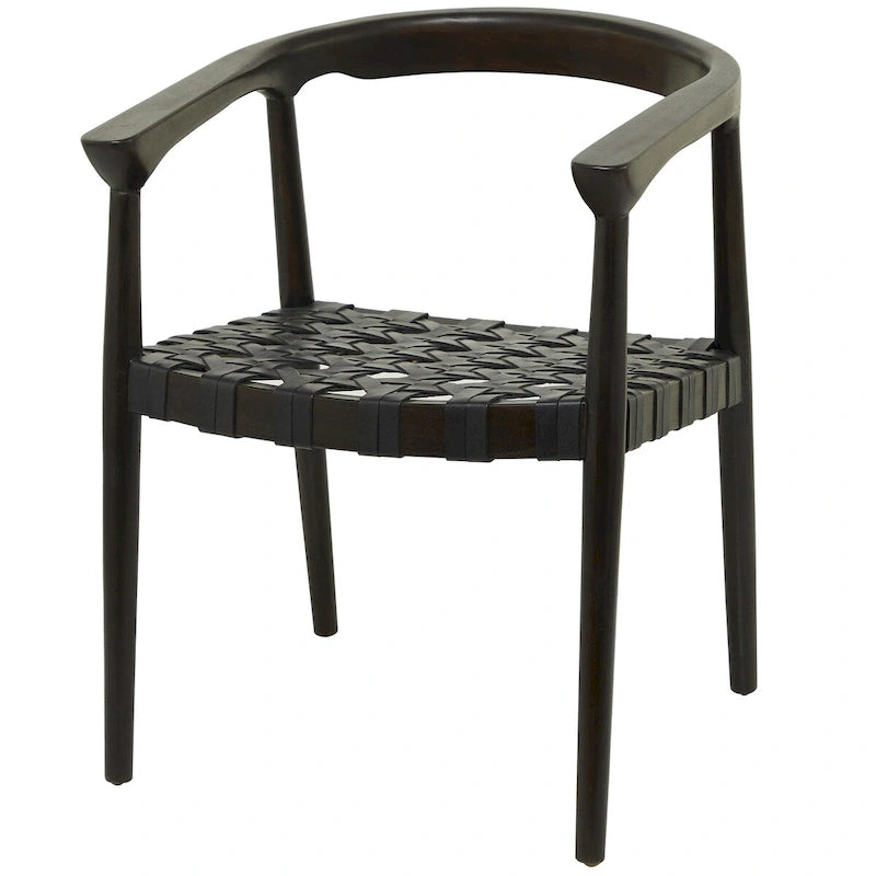 Chaise de salle à manger d'appoint en bois de teck massif et cuir tressé avec accoudoirs, marron