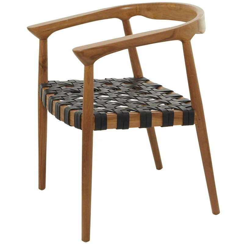 Chaise de salle à manger d'appoint en bois de teck massif et cuir tressé avec accoudoirs, marron
