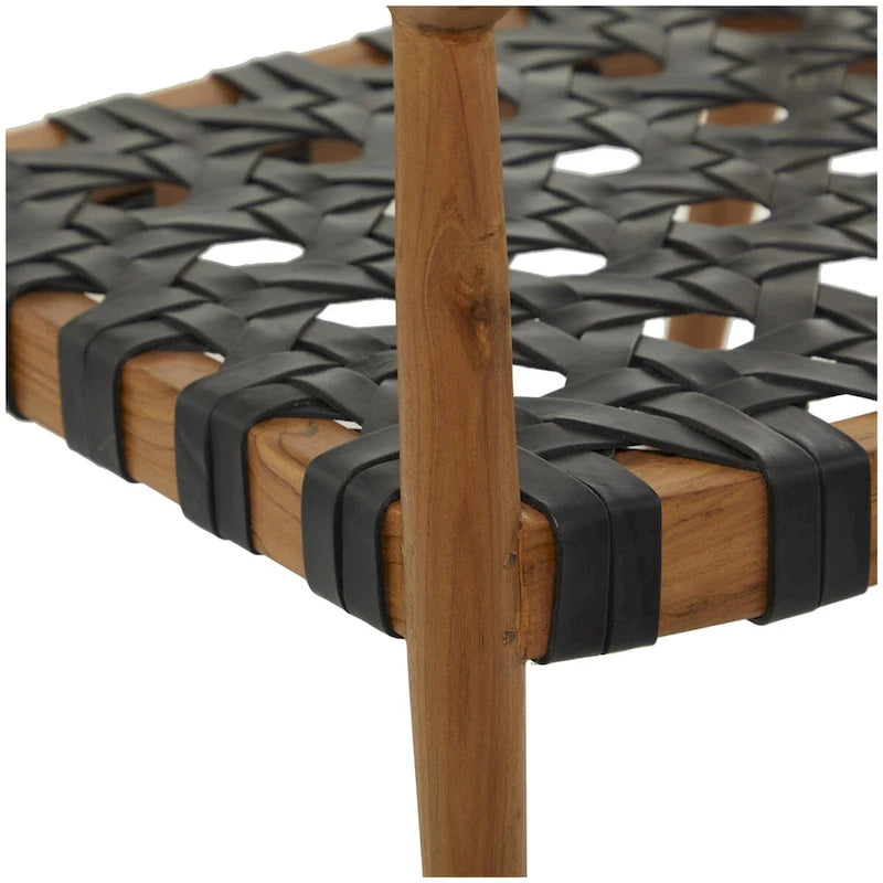 Chaise de salle à manger d'appoint en bois de teck massif et cuir tressé avec accoudoirs, marron