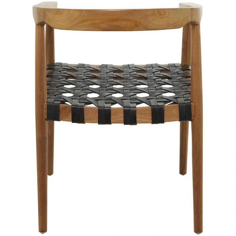 Chaise de salle à manger d'appoint en bois de teck massif et cuir tressé avec accoudoirs, marron
