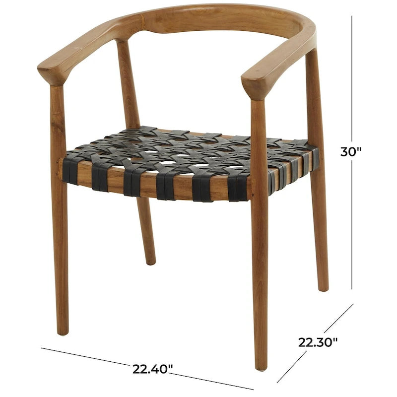 Chaise de salle à manger d'appoint en bois de teck massif et cuir tressé avec accoudoirs, marron