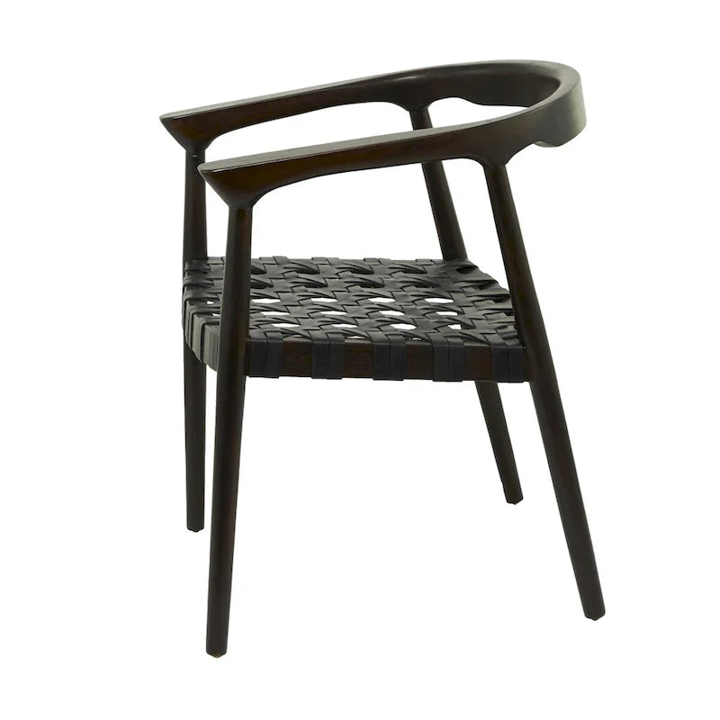 Chaise de salle à manger d'appoint en bois de teck massif et cuir tressé avec accoudoirs, marron