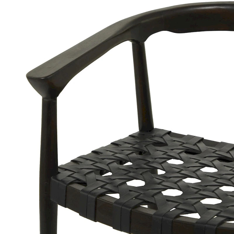 Chaise de salle à manger d'appoint en bois de teck massif et cuir tressé avec accoudoirs, marron