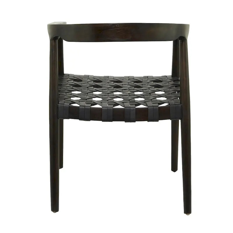 Chaise de salle à manger d'appoint en bois de teck massif et cuir tressé avec accoudoirs, marron