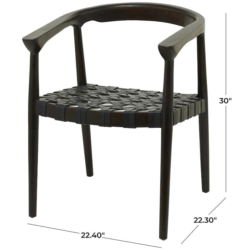 Chaise de salle à manger d'appoint en bois de teck massif et cuir tressé avec accoudoirs, marron
