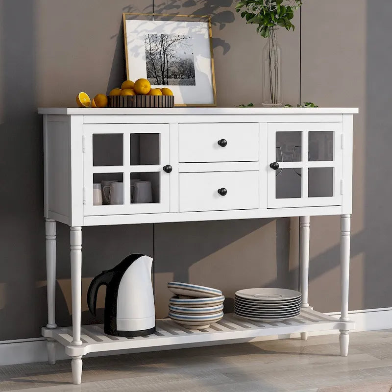 Bahut console en bois blanc vieilli avec portes vitrées et tiroirs
