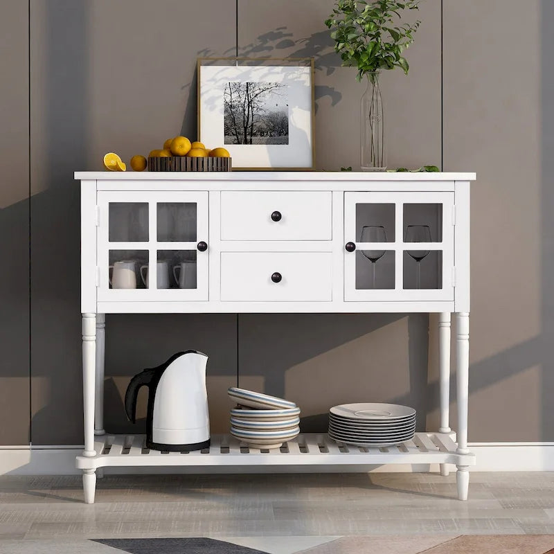 Bahut console en bois blanc vieilli avec portes vitrées et tiroirs