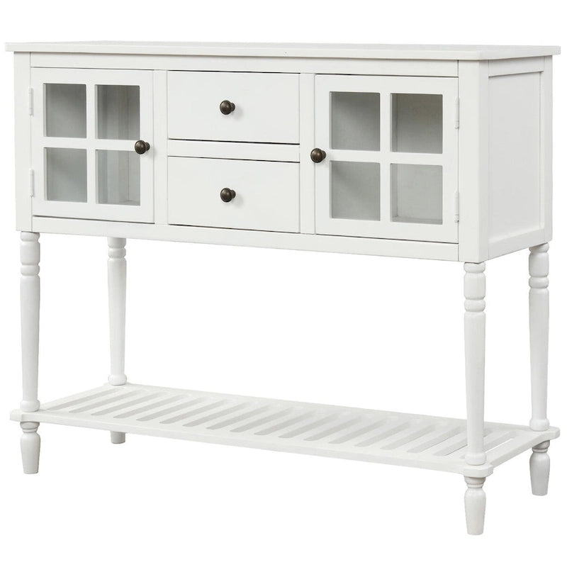Bahut console en bois blanc vieilli avec portes vitrées et tiroirs