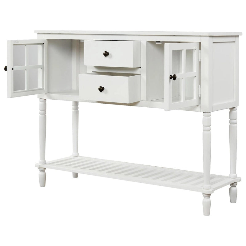 Bahut console en bois blanc vieilli avec portes vitrées et tiroirs