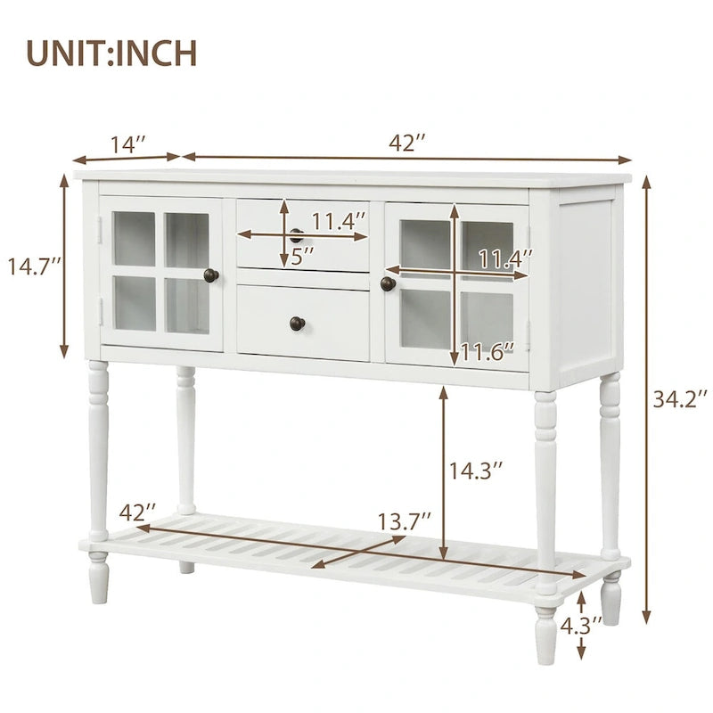 Bahut console en bois blanc vieilli avec portes vitrées et tiroirs