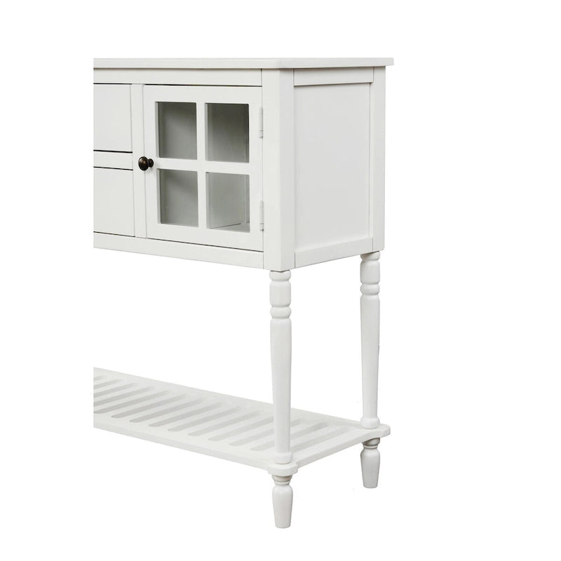 Bahut console en bois blanc vieilli avec portes vitrées et tiroirs