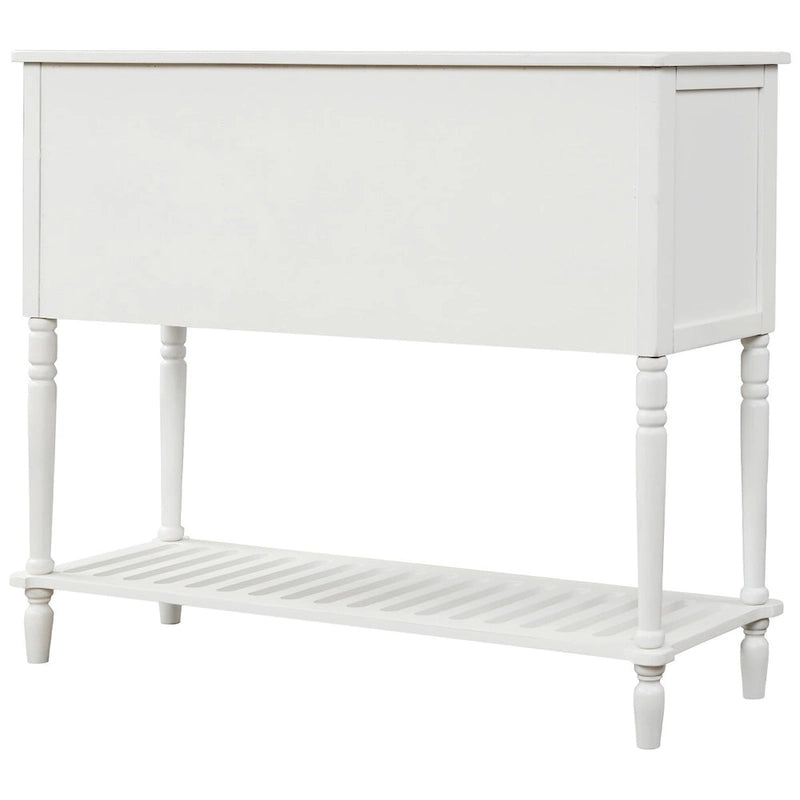 Bahut console en bois blanc vieilli avec portes vitrées et tiroirs