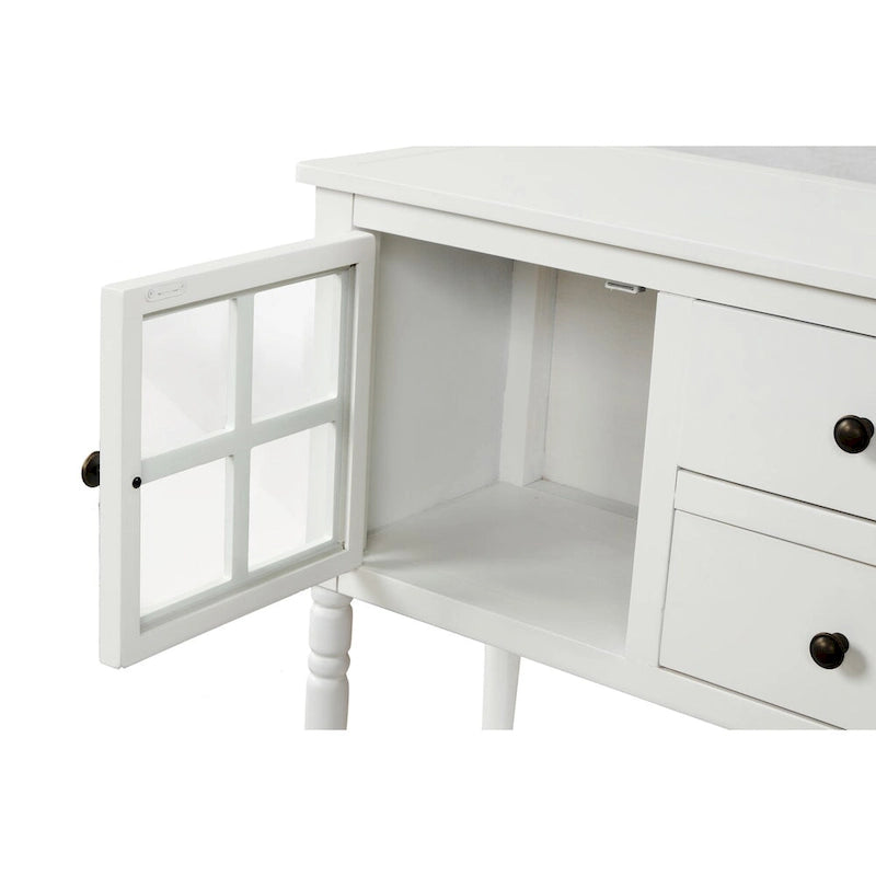 Bahut console en bois blanc vieilli avec portes vitrées et tiroirs