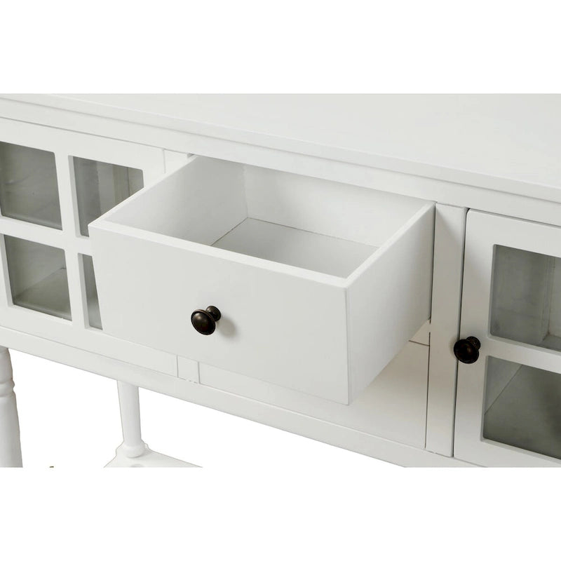 Bahut console en bois blanc vieilli avec portes vitrées et tiroirs